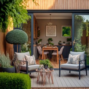 Piccolo giardino esterno con decking, che ospita un salottino all'aria aperta con piante ben potate