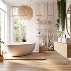 Luminoso bagno moderno tutto sui toni del legno e del bianco, con pavimento in parquet, vasca da bagno bianca e minimale, specchio circolare e molte piante