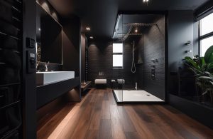 Lussuosa e minimale stanza da bagno sui toni del nero, con doccia a giorno e pavimento in grès effetto legno scuro