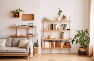 Salotto con parquet, mobili in legno in stile scandinavo, tra cui sofà, mensole e libreria sospesa, con molte piante nella stanza