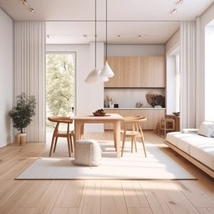 Ampio e luminoso open space con salotto e tavolo da pranzo, sofà, mobile tv, cucina, parquet, il tutto in legno in stile scandinavo moderno