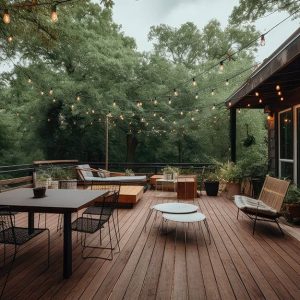 Giardino esterno con decking, sul quale c'è un salottino, un