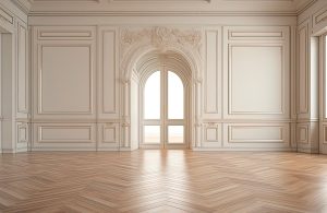 Stanza vuota di un antico palazzo con pareti bianche decorate e pavimento in parquet lucido a spina di pesce illuminato dalla luce che entra da una porta a vetro ad arco chiusa