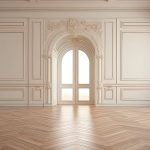 Stanza vuota di un antico palazzo con pareti bianche decorate e pavimento in parquet lucido a spina di pesce illuminato dalla luce che entra da una porta a vetro ad arco chiusa