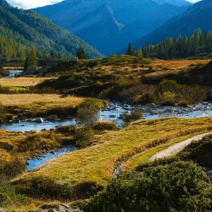 Paesaggio della Val di Fumo, in Trentino, con fiume, alberi e montagne in autunno