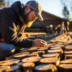 Un uomo con barba e cappellino da baseball sta ispezionando, all'aperto, delle piccole sezioni di tronchi d'albero per studiare, attraverso gli anelli di accrescimento, i cambiamenti climatici