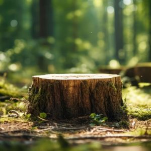 Un ceppo di albero tagliato in primo piano in una foresta piena di alberi