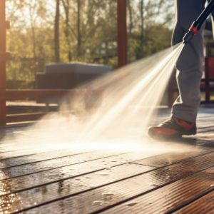 Un uomo di cui si vedono sole le gambe sta lavando con un'idropulitrice il decking di un