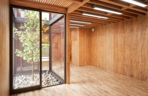 Interno non arredato e molto luminoso di una casa ecologica costruita interamente in legno, con una vetrata con pareti vetrate che danno su un mini-giardino con ciottoli di pietra e un albero