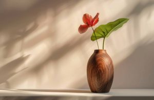 Un vaso realizzato in legno di framirè, con dentro un fiore rosso e una foglia, in un ambiente dai colori neutri caldi, con luce naturale vagamente ombreggiata che arriva da destra