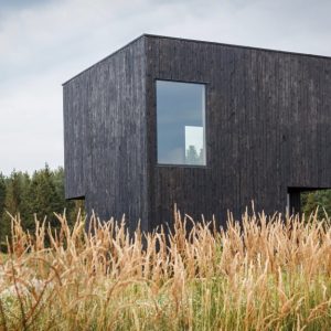 Una casa squadrata in stile architettonico contemporaneo, rivestita di pannelli in legno lavorati con la tecnica giapponese dello Yakisugi. La casa è isolata nella natura