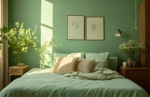 Camera da letto con pareti verde salvia, biancheria dello stesso colore, due quadri alla parete, piante e mobili in legno