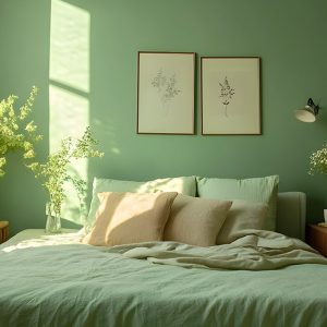 Camera da letto con pareti verde salvia, biancheria dello stesso colore, due quadri alla parete, piante e mobili in legno